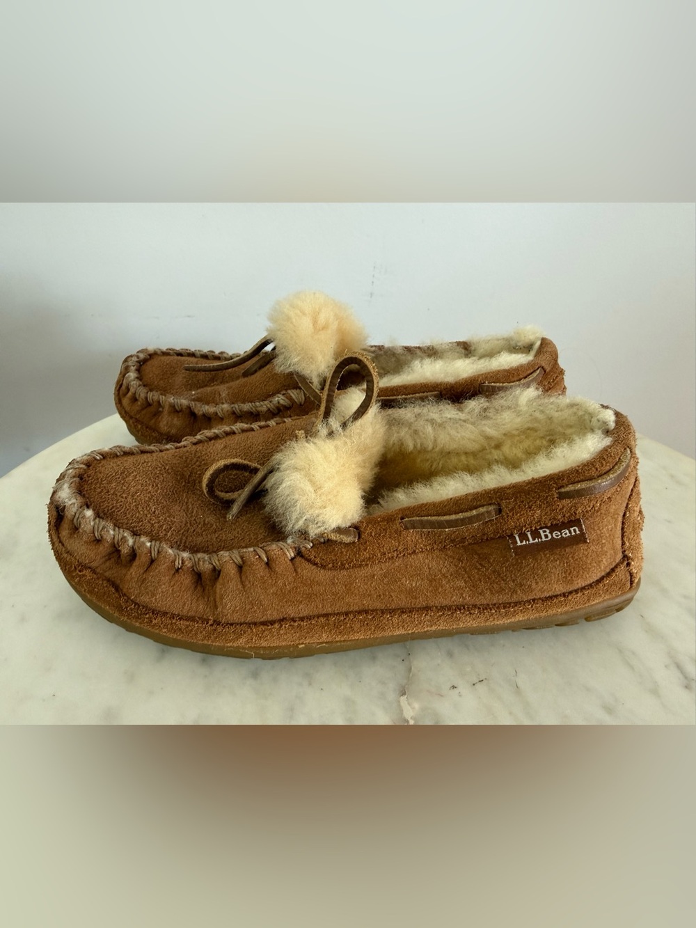 LL BEAN Youth SLIPPERS MOCCASIN SUEDE Brown Leather FUR Lined Size 2 Kids Boys